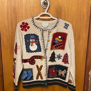 Susan Bristol Cream Heather Cardigan with Wintertime Accents